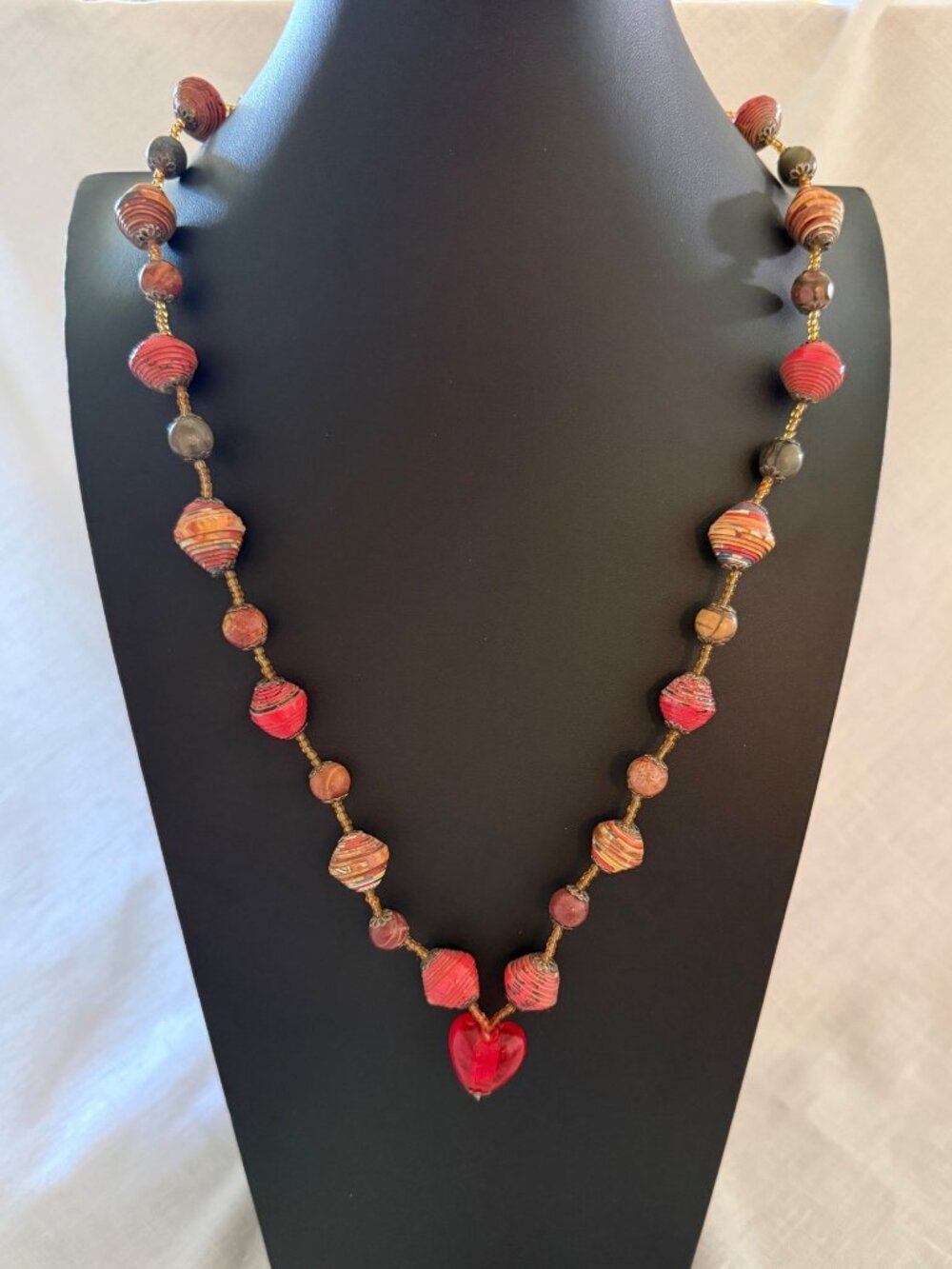 Artisan Paper Bead Necklace 26in Natural Stone Glass Heart Boho Jewelry